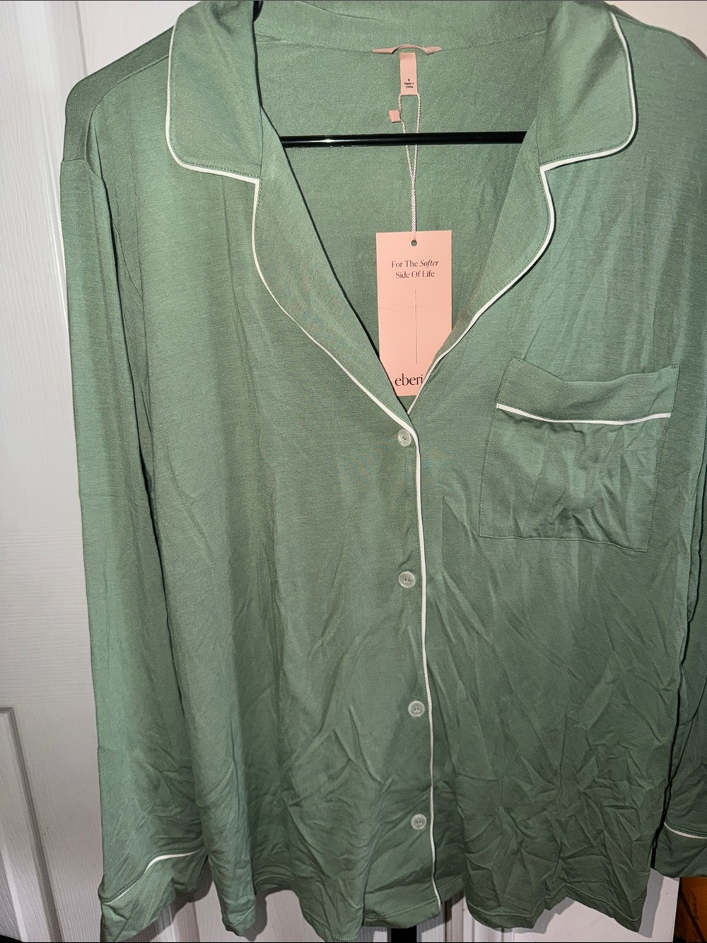 Eberjey Sage Green Notch-Collar Long-Sleeve Pajama Top with White Piping